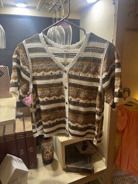 Ultra Pink Brown and Cream Striped Crochet Cardigan Sweater